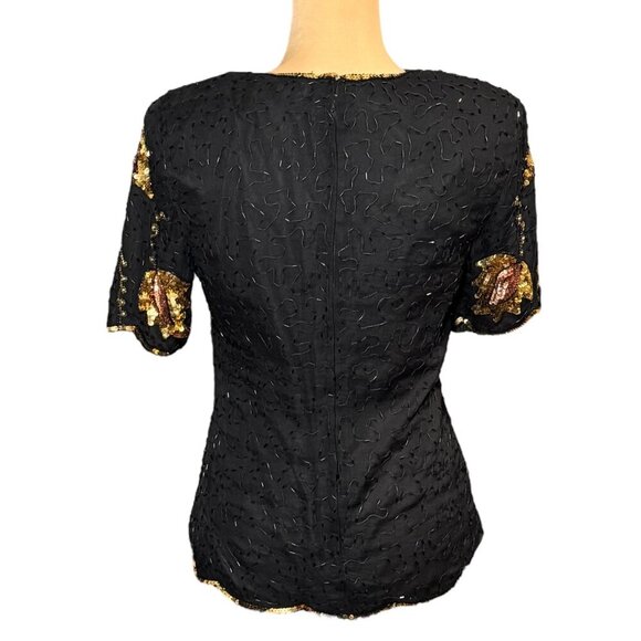 VTG 90s Stenay Beaded Top Sz.S Blak Gold Leaf Sequins Whimsigoth Fairy Formal - Picture 3 of 11